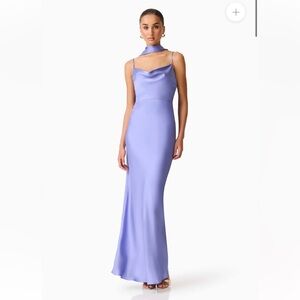 elliatt jacinta blue purple cowl neck satin draped long maxi gown dress small